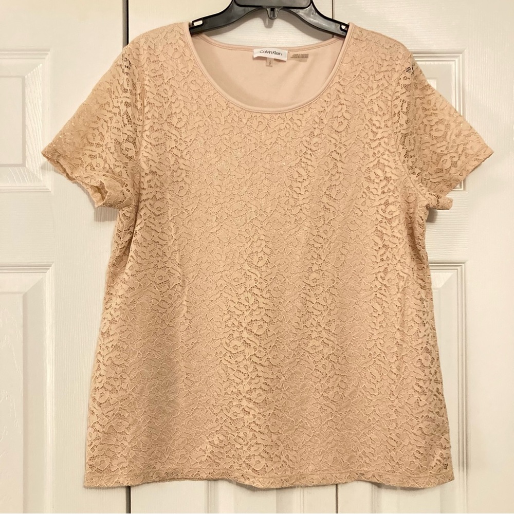 Calvin Klein Pink Overlay Lace Short Sleeve Top Blouse Large